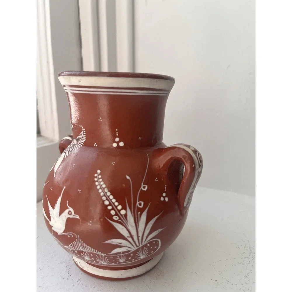 Vintage Handmade Mexican Pottery Vase Bird Flower Deer Signed J.‎ Pila Red Clay